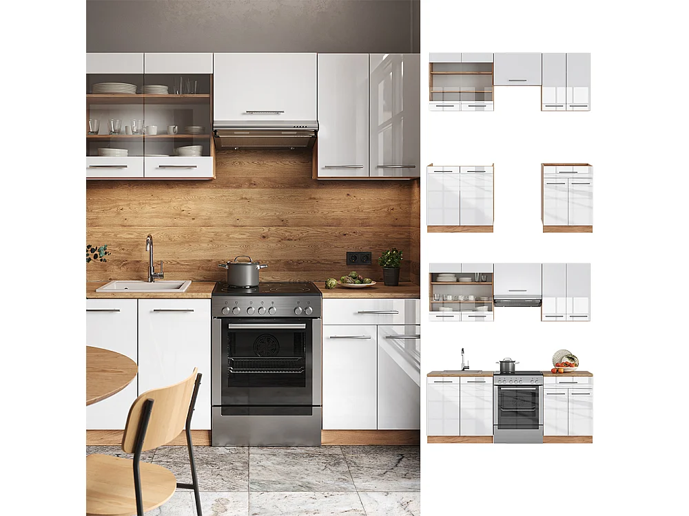 Cuisine blanc brillant/chêne doré 200x46x81.6 fame-line
