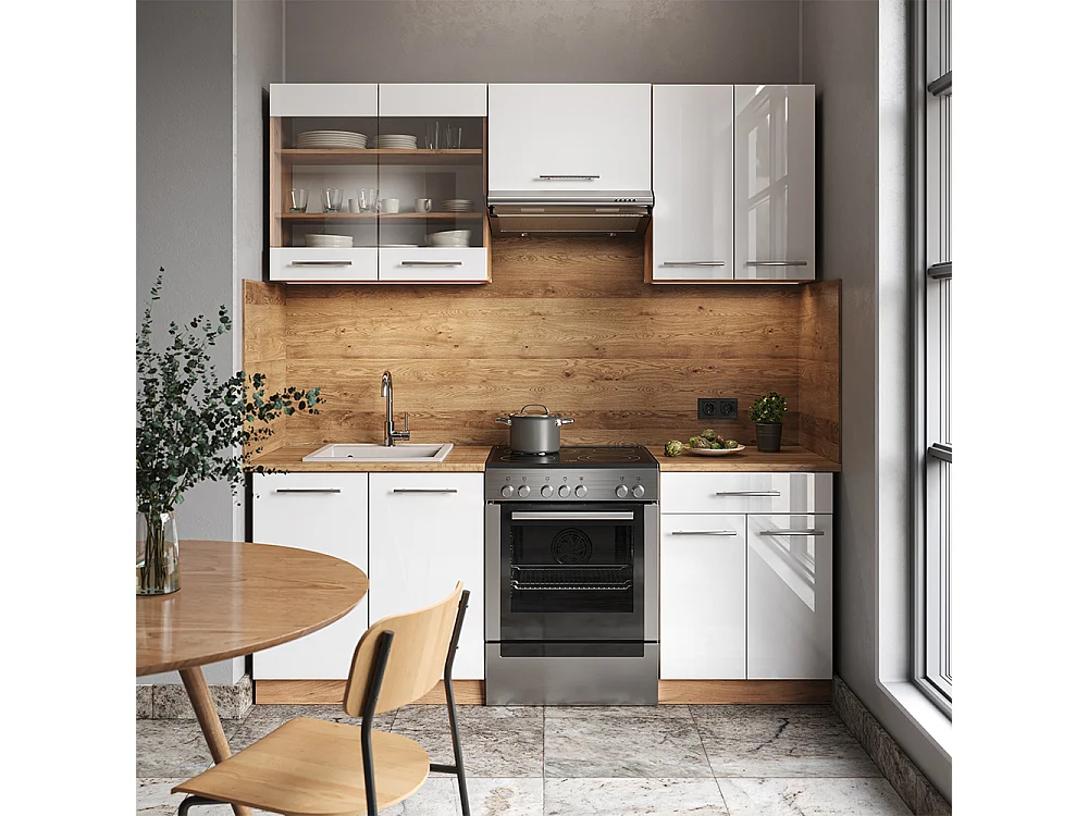Cuisine blanc brillant/chêne doré 200x46x81.6 fame-line