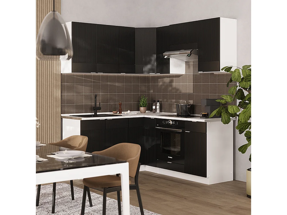 Cuisine en angle noir rayé/blanc 190x46x81.6 fame-line