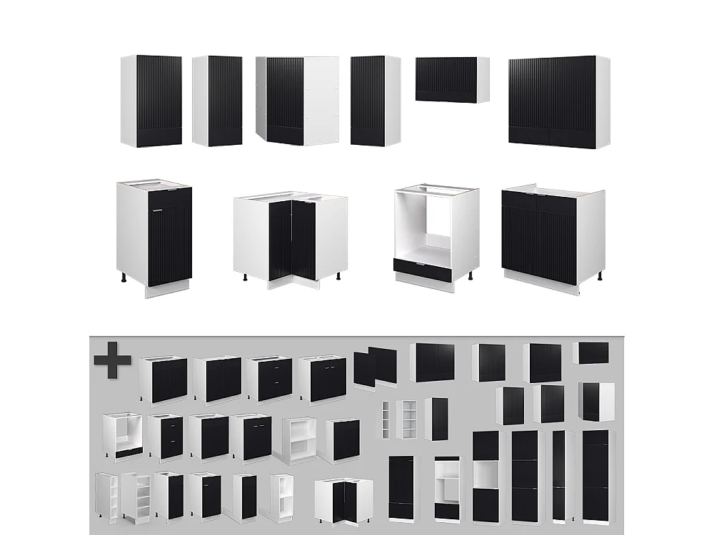 Cuisine en angle noir rayé/blanc 190x46x81.6 fame-line