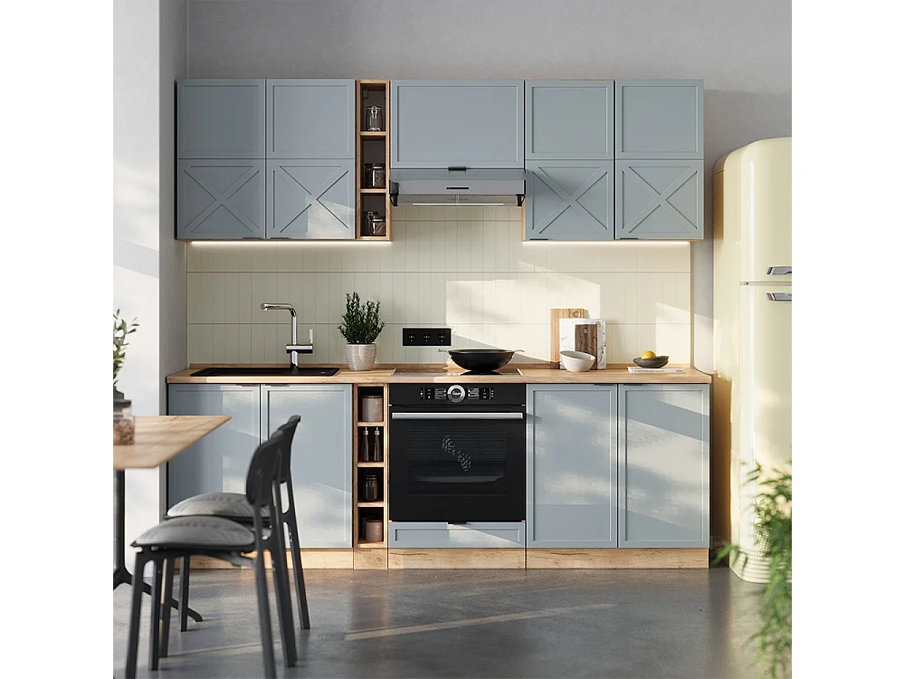 Mueble de cocina roble azul claro/gris dorado 235x60x81.6 fame-line