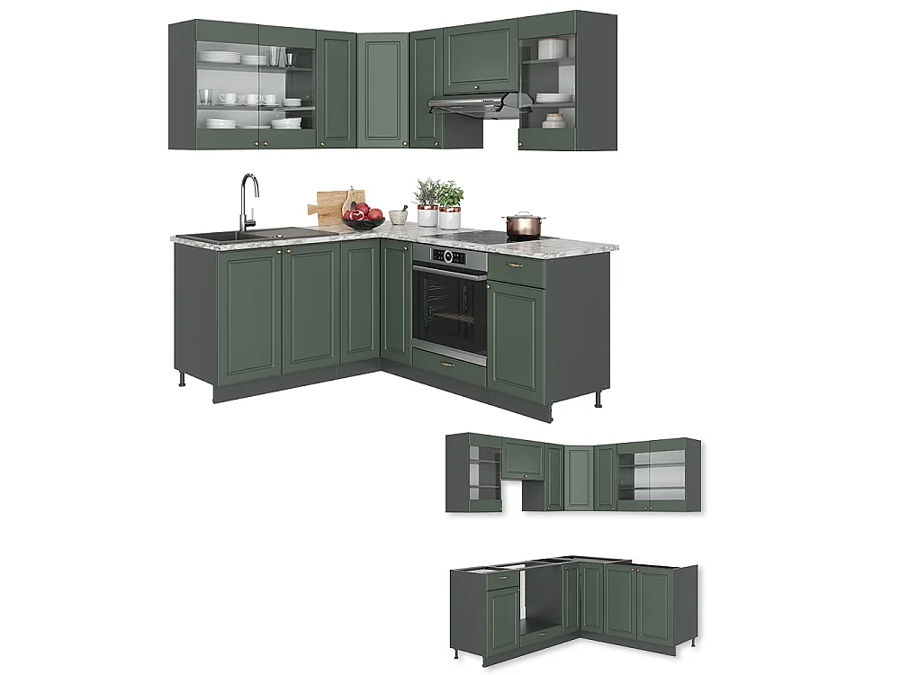 Hoekkeuken groen-goud landhuis/antraciet 190x60x81.6 fame-line