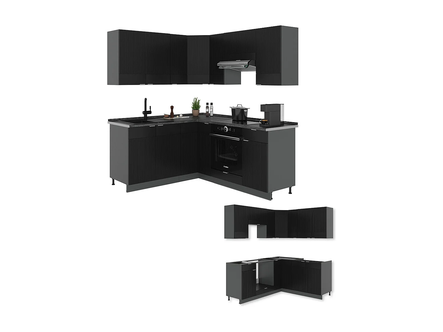Cuisine en angle noir rayé/anthracite 190x60x81.6 fame-line