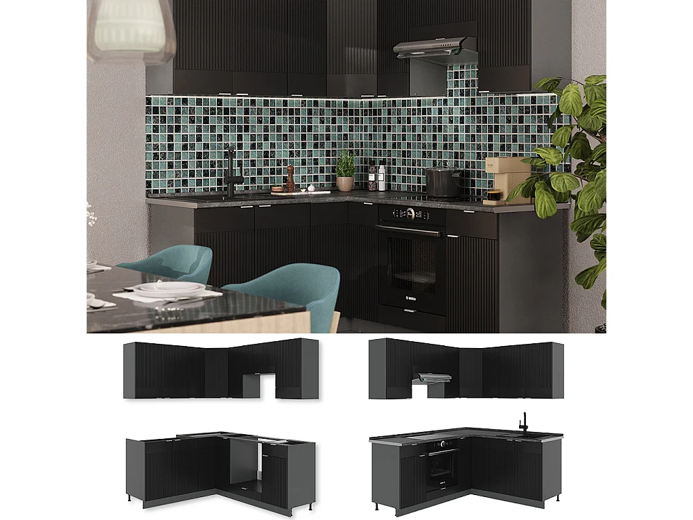 Cuisine en angle noir rayé/anthracite 190x60x81.6 fame-line