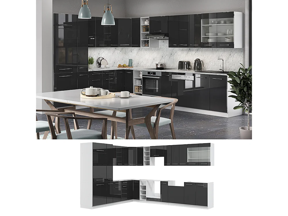 Cocina esquinera antracita brillo intenso/blanco 347x60x81.6 fame-line