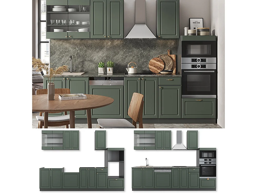 Mueble de cocina verde-dorado casa de campo/antracita 300x60x81.6 fame-line