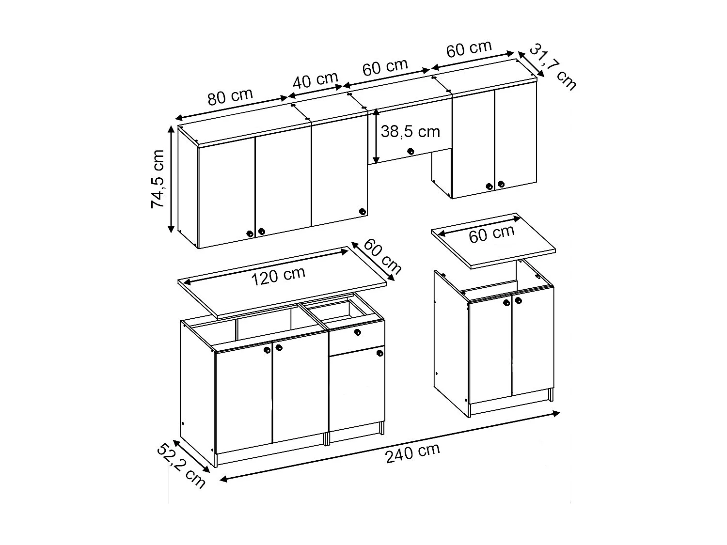 Mueble de cocina gris noble 240x60x81.6 bergamo
