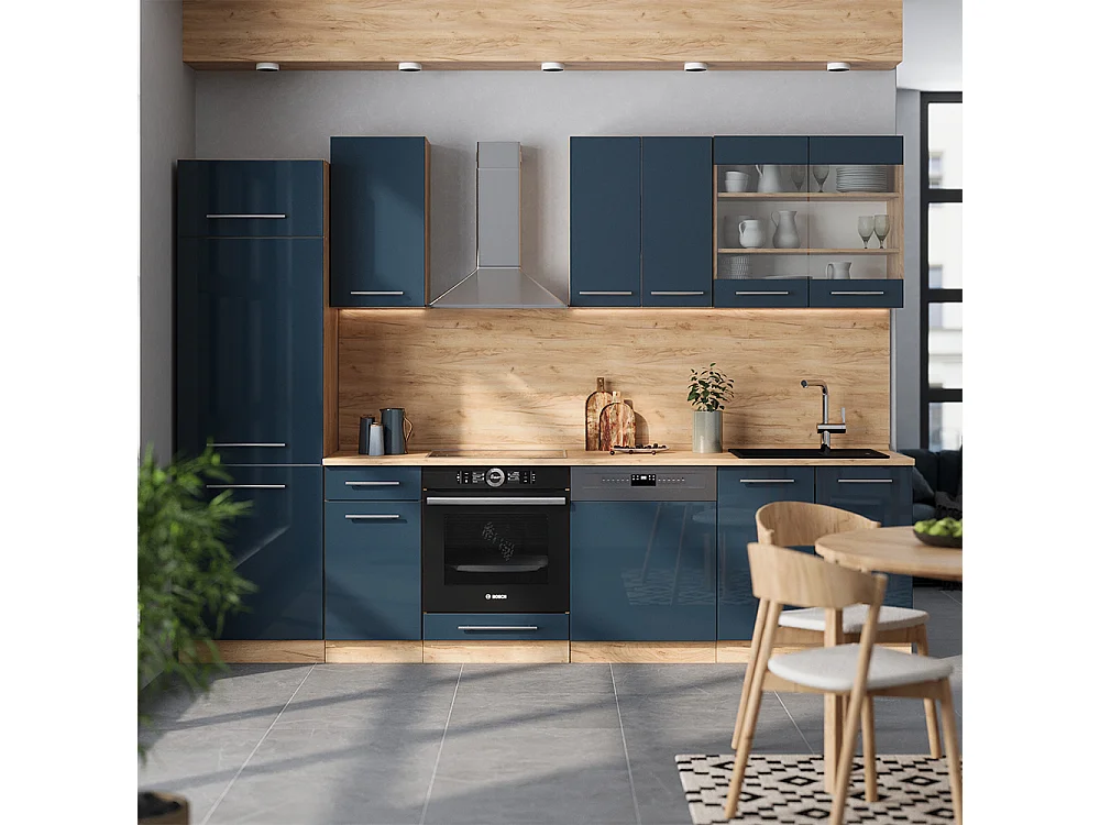 Mueble de cocina azul oscuro alto brillo/roble dorado 300x60x81.6 fame-line