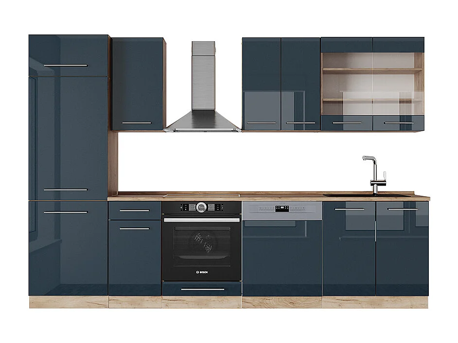 Cuisine bleu foncé brillant/chêne doré 300x60x81.6 fame-line