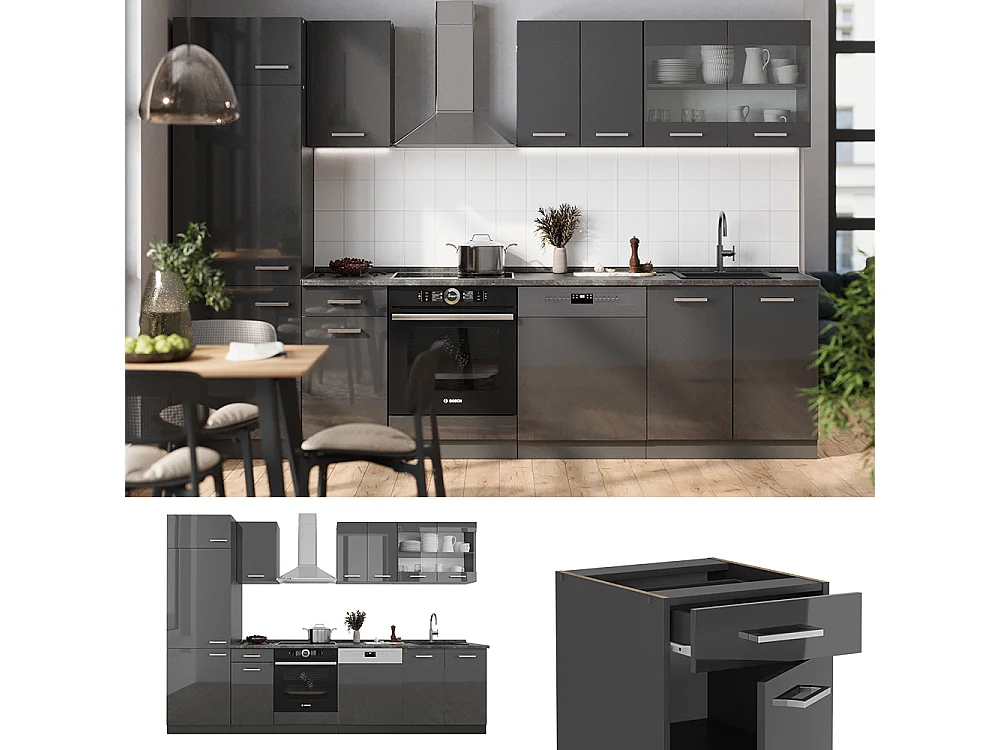 Cuisine anthracite brillant/anthracite 300x60x81.6 r-line