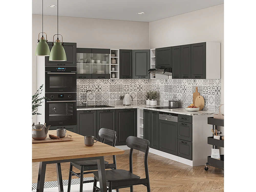 Cuisine en angle anthracite maison de campagne/blanc 247x60x81.6 r-line