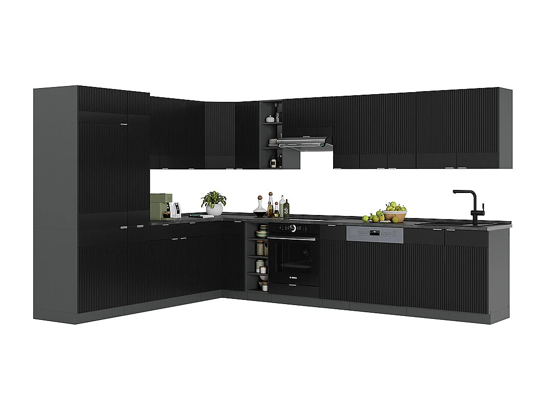 Eckküche schwarz gestreift/anthrazit 347x60x81.6 fame-line