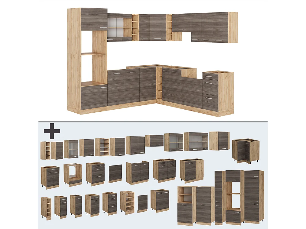 Cocina esquinera gris noble/roble dorado 247x60x81.6 r-line