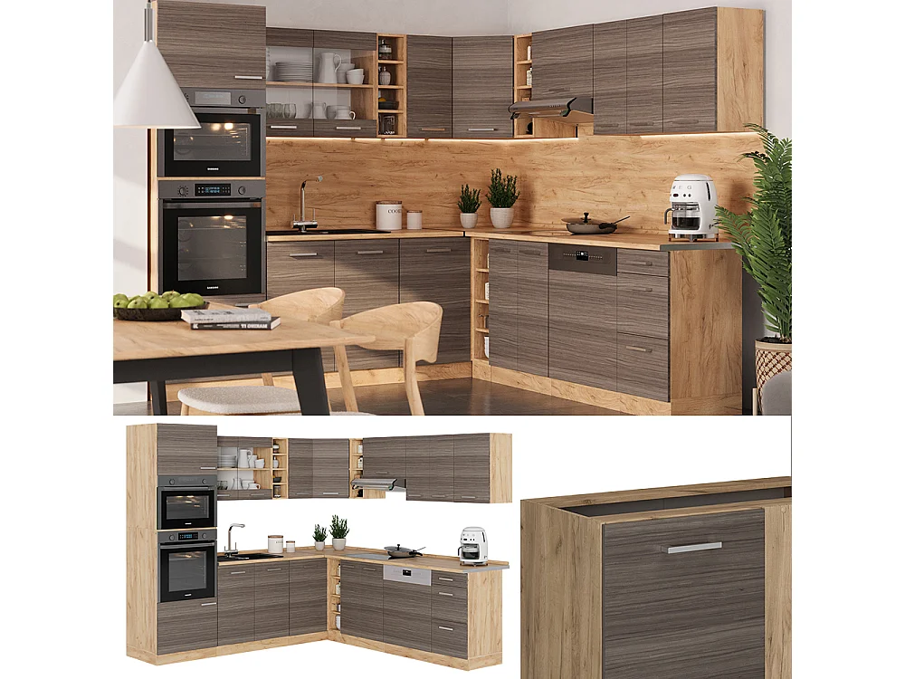 Cocina esquinera gris noble/roble dorado 247x60x81.6 r-line