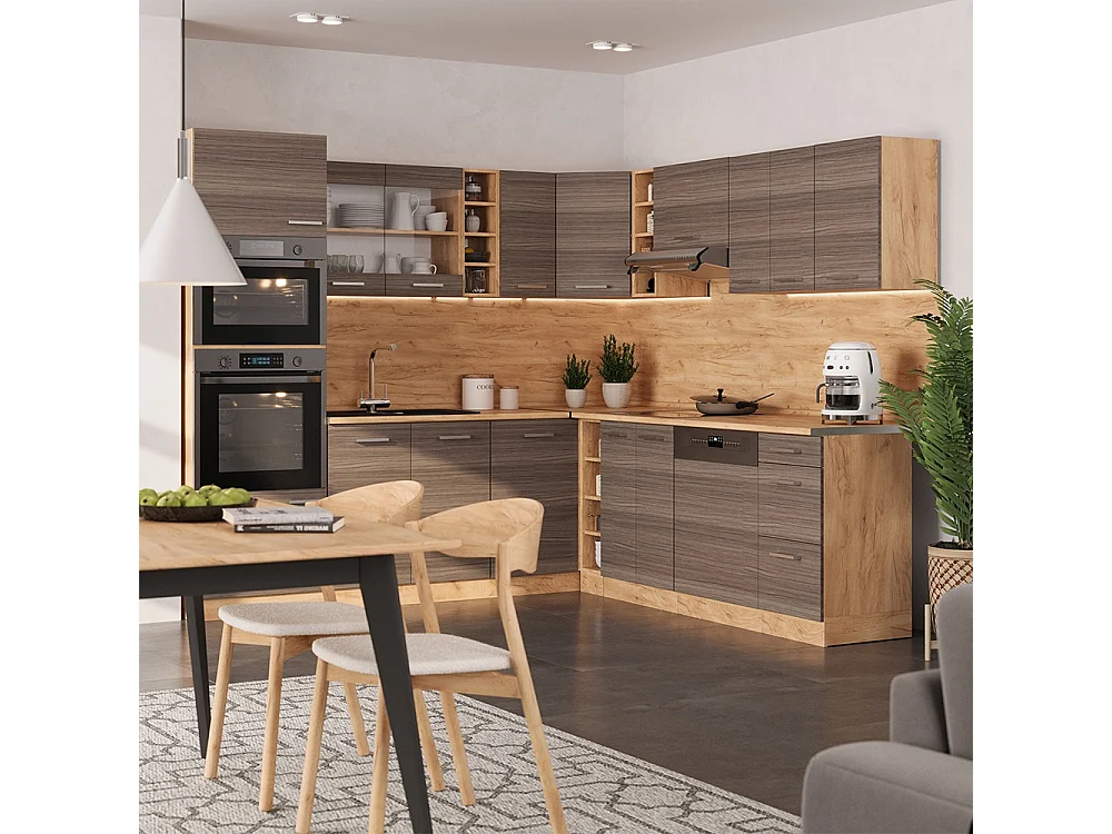 Cuisine en angle gris noble/chêne de force doré 247x60x81.6 r-line