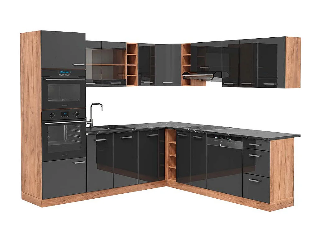 Cocina esquinera antracita brillo intenso/roble dorado eléctrico 247x60x81.6 r-line