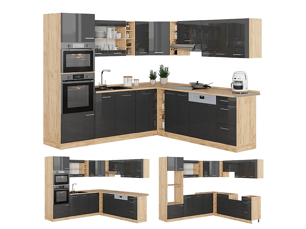 Cuisine en angle anthracite haute brillance/chêne de force doré 247x60x81.6 r-line