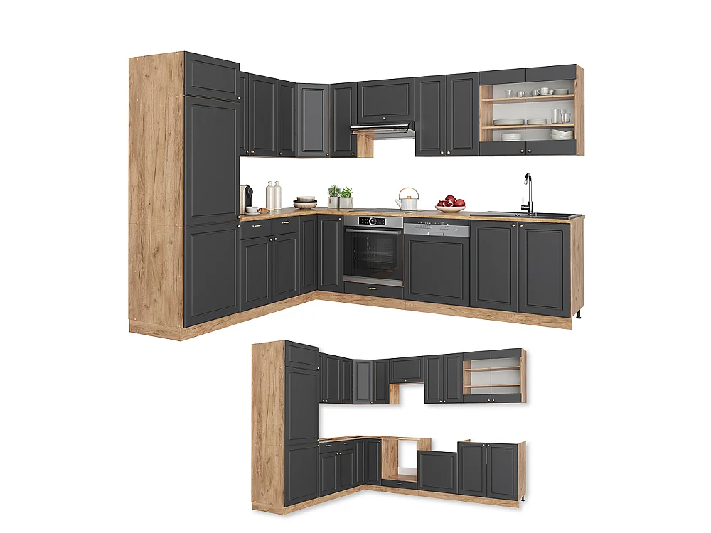 Hoekkeuken antraciet landhuis/goud kraft eik 227x60x81.6 fame-line