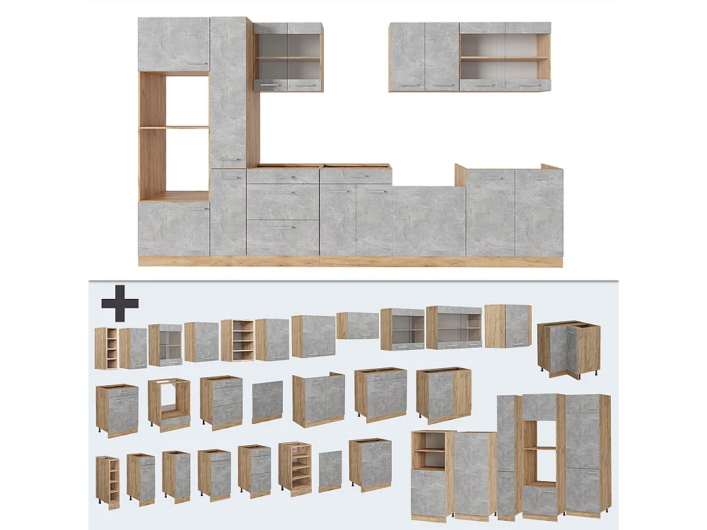 Cucina componibile calcestruzzo/quercia dorata 350x46x81.6 r-line