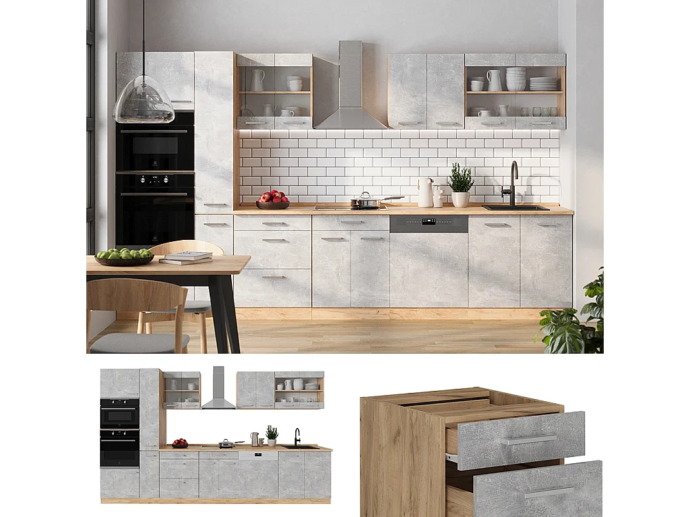 Cucina componibile calcestruzzo/quercia dorata 350x46x81.6 r-line