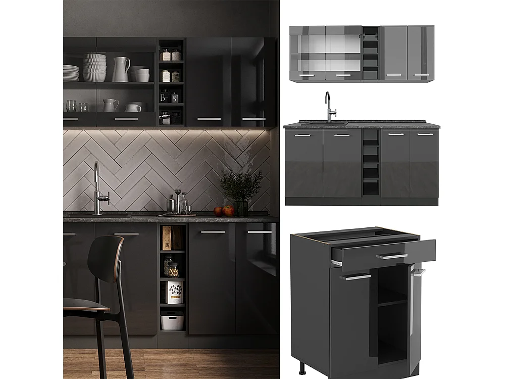 Cocina para solteros antracita brillo intenso/antracita 160x46x81.6 r-line