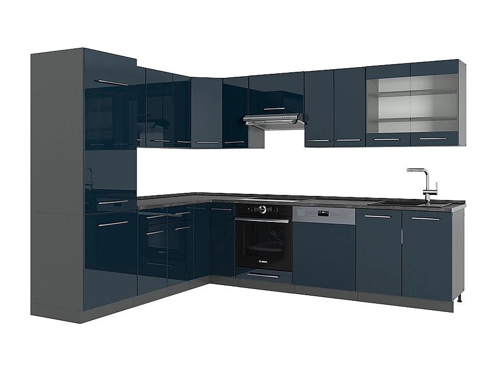 Cocina esquinera azul oscuro alto brillo/antracita 287x46x81.6 fame-line