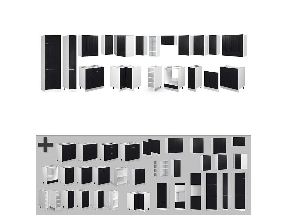 Cuisine en angle noir rayé/blanc 347x46x81.6 fame-line