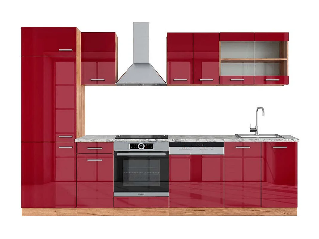 Mueble de cocina rojo brillo intenso/roble dorado 300x60x81.6 r-line