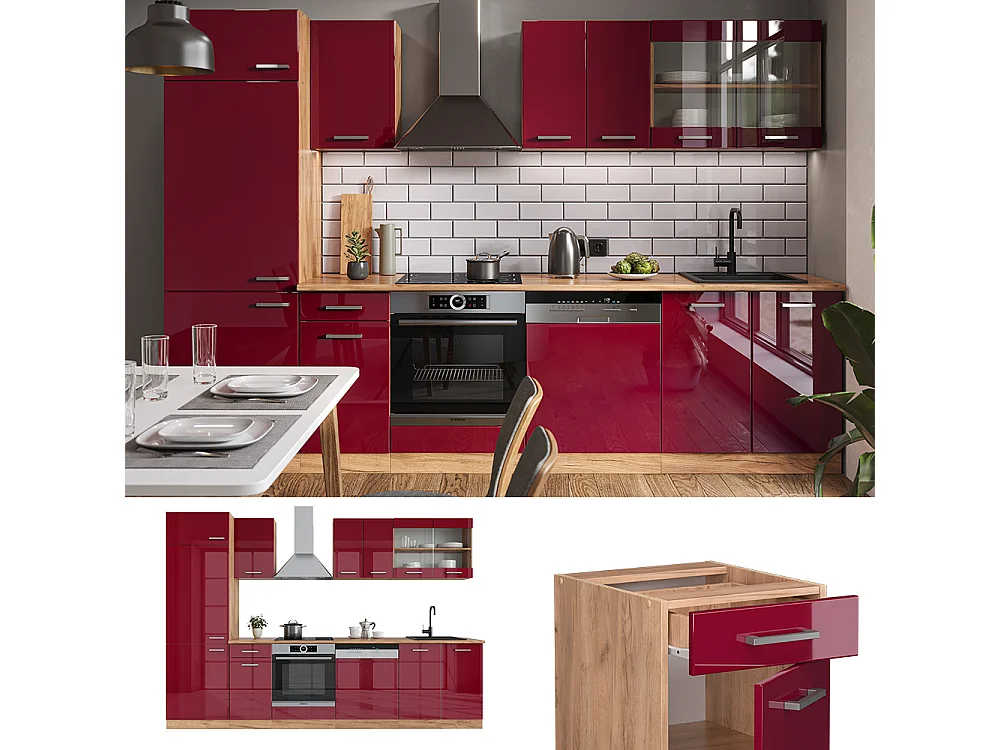 Mueble de cocina rojo brillo intenso/roble dorado 300x60x81.6 r-line
