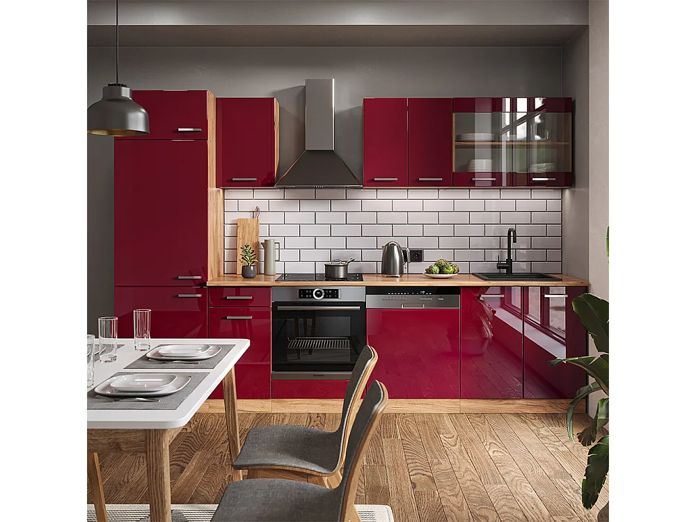 Mueble de cocina rojo brillo intenso/roble dorado 300x60x81.6 r-line