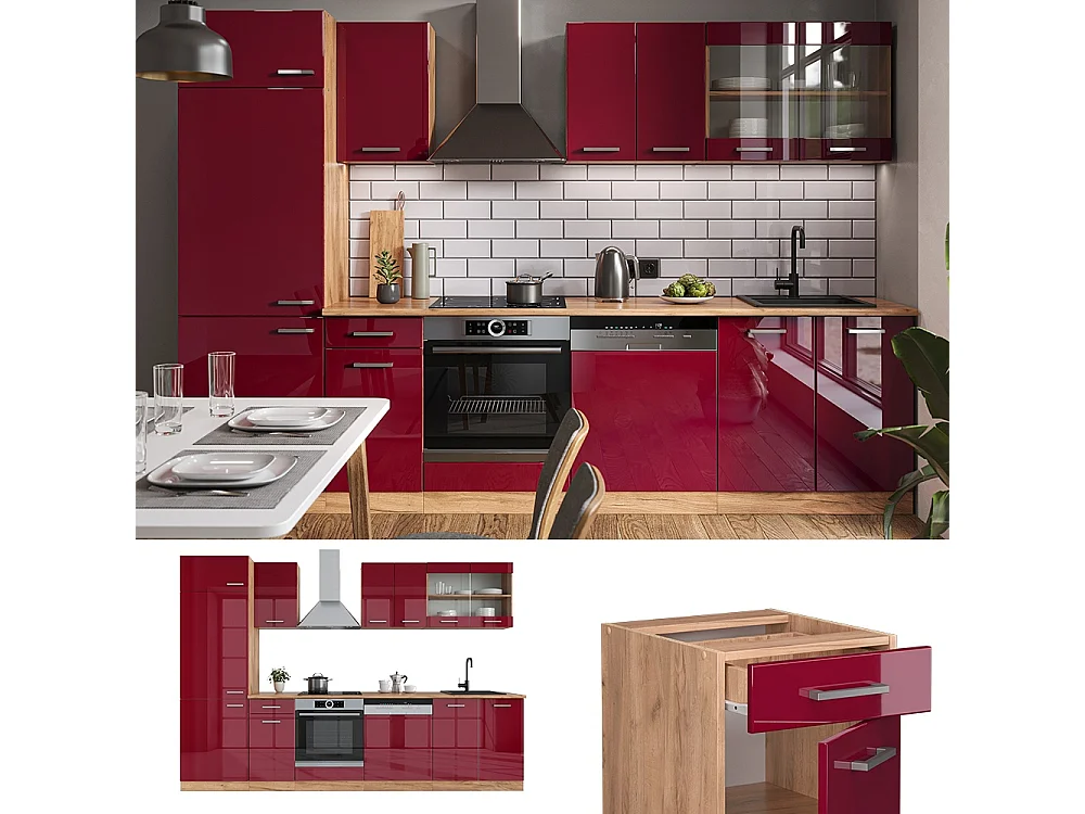 Cuisine rouge brillant/chêne doré 300x60x81.6 r-line