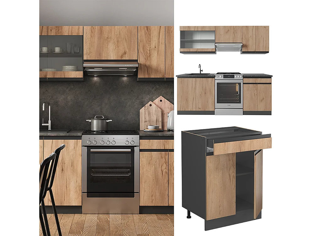 Kitchenette carvalho goldkraft/antracite 200x60x81.6 r-line