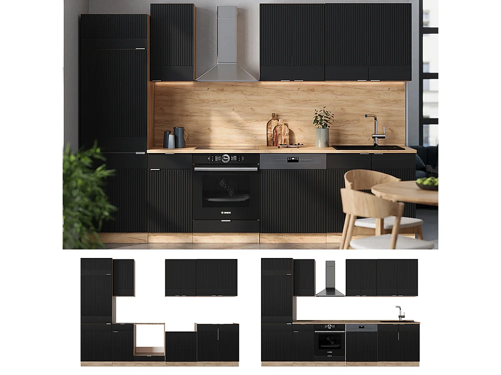 Cuisine noir rayé/chêne doré 300x60x81.6 fame-line