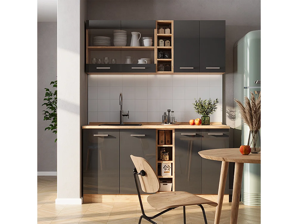 Cuisine anthracite brillant/chêne doré 160x60x81.6 r-line