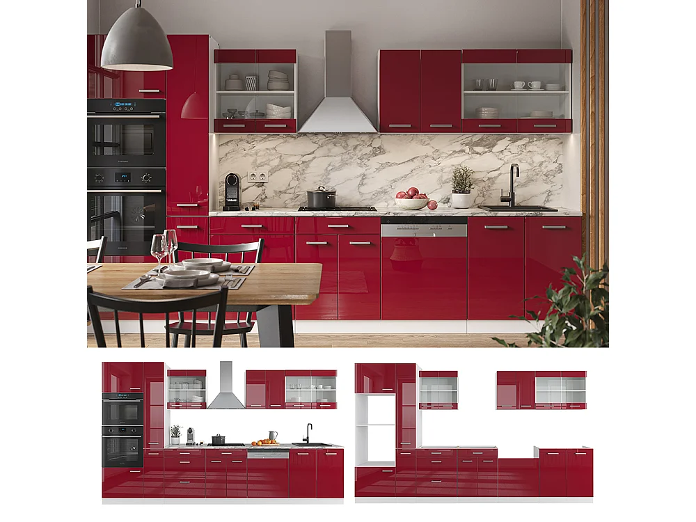 Ligne de cuisine rouge brillant/blanc 350x60x81.6 r-line