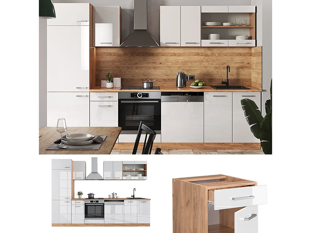 Cuisine blanc brillant/chêne doré 300x60x81.6 r-line