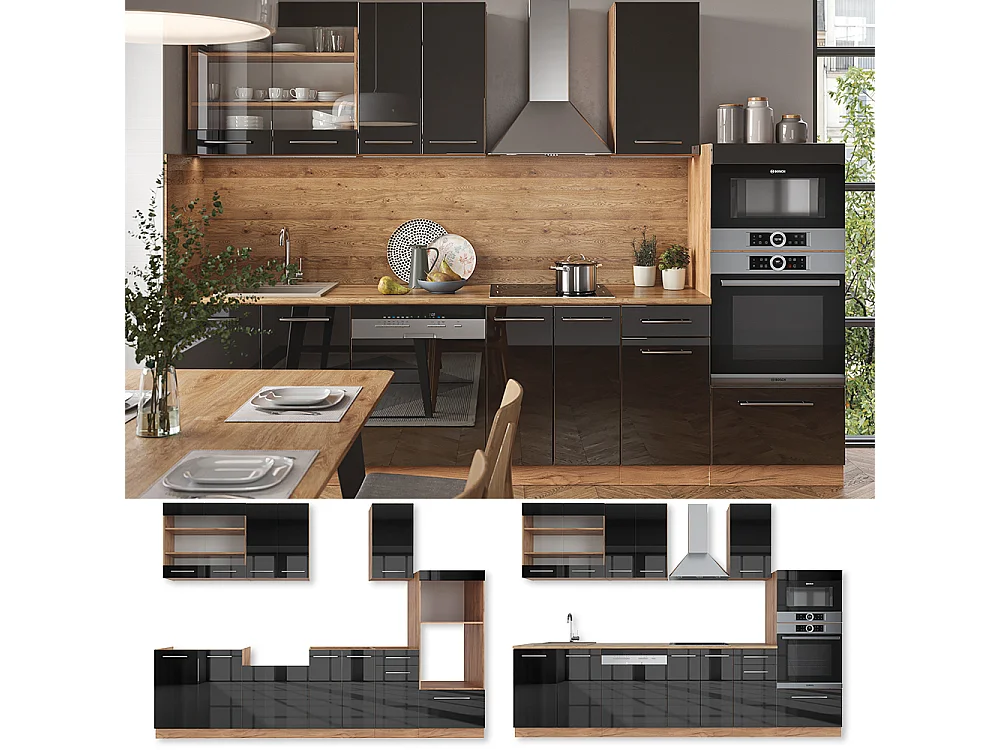 Cuisine anthracite brillant/chêne doré 300x46x81.6 fame-line