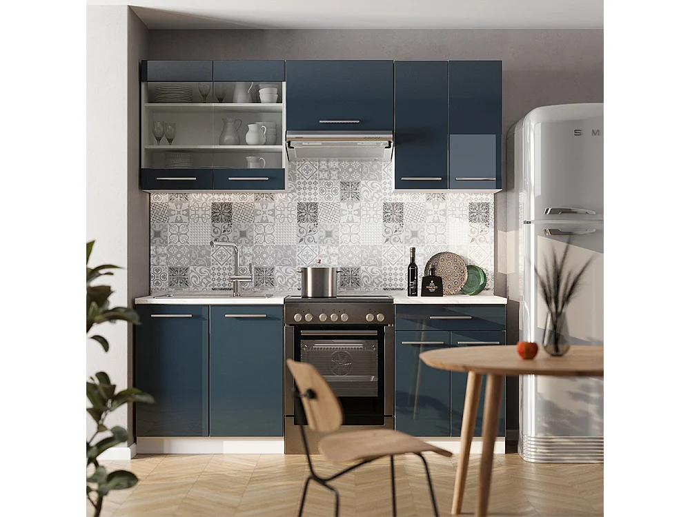 Armoires de cuisine  bleu foncé brillant/blanc 200x60x81.6 fame-line