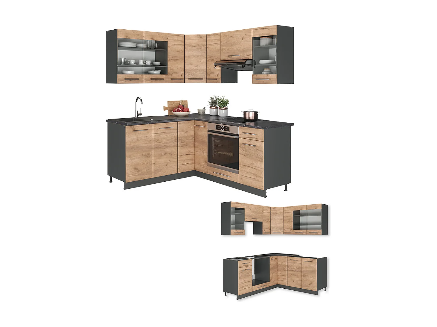 Cuisine en angle chêne doré/anthracite 190x60x81.6 fame-line