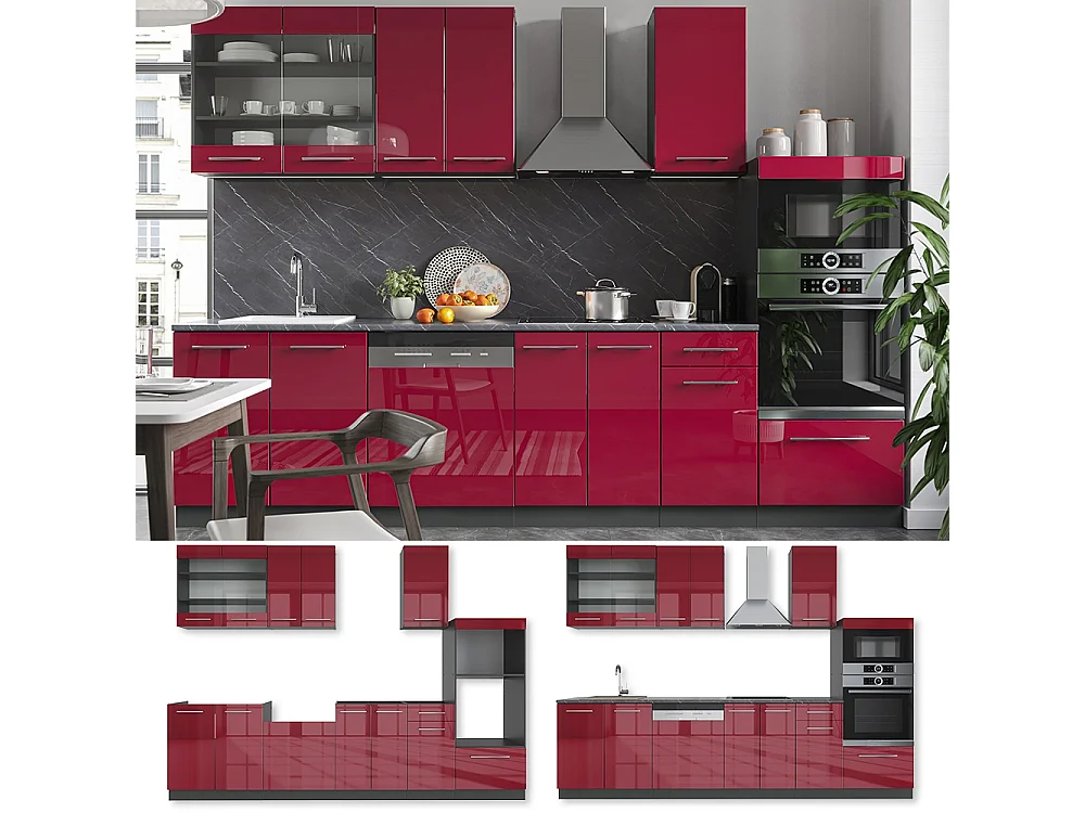 Mueble de cocina burdeos brillo intenso/antracita 300x60x81.6 fame-line