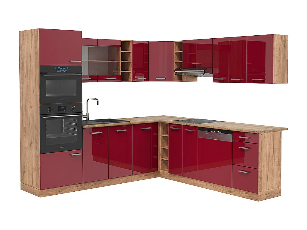 Cucina angolare completa rosso lucido/rovere dorato 247x46x81.6 r-line