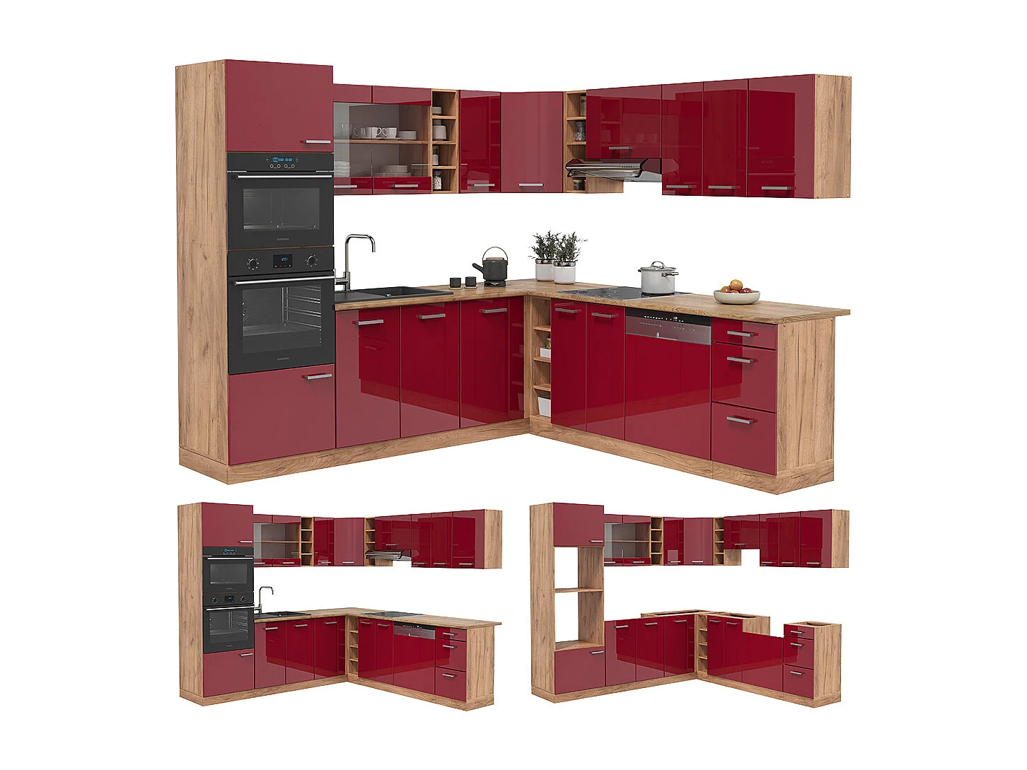 Cucina angolare completa rosso lucido/rovere dorato 247x46x81.6 r-line