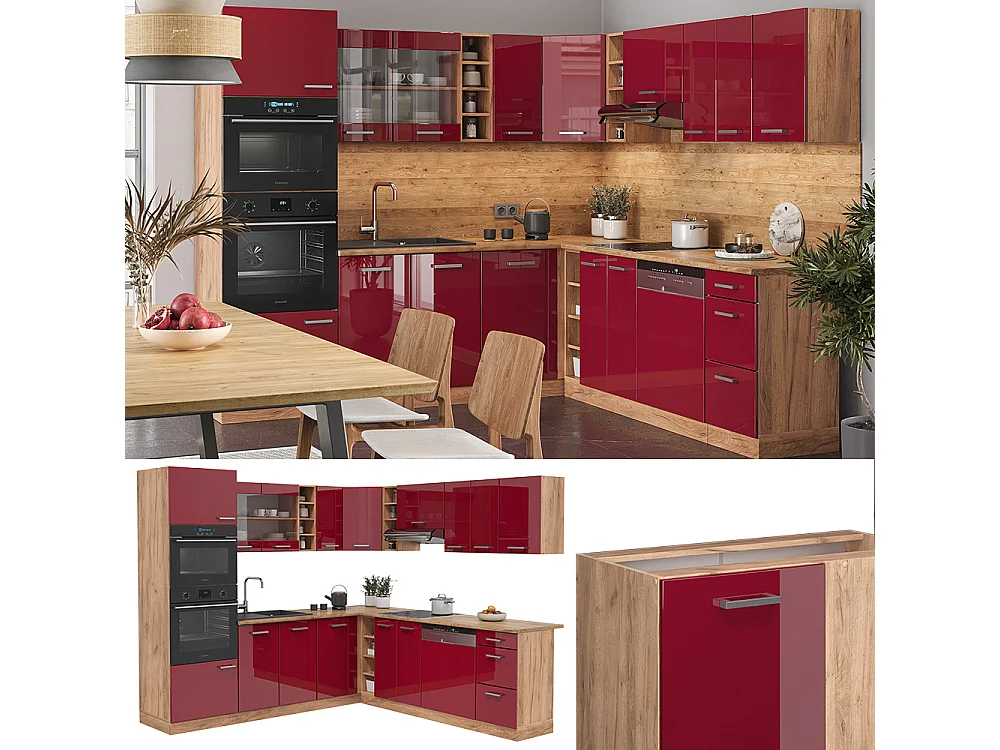 Cucina angolare completa rosso lucido/rovere dorato 247x46x81.6 r-line