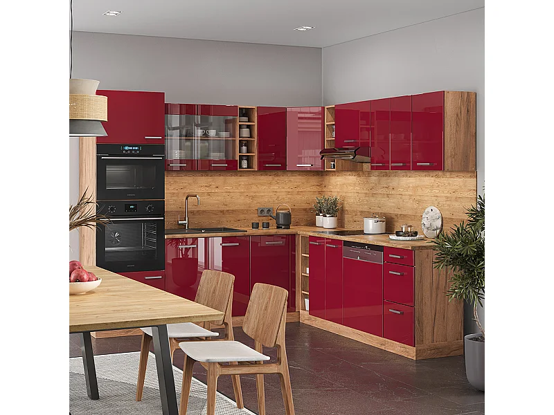 Cuisine en angle rouge brillant/chêne doré 247x46x81.6 r-line