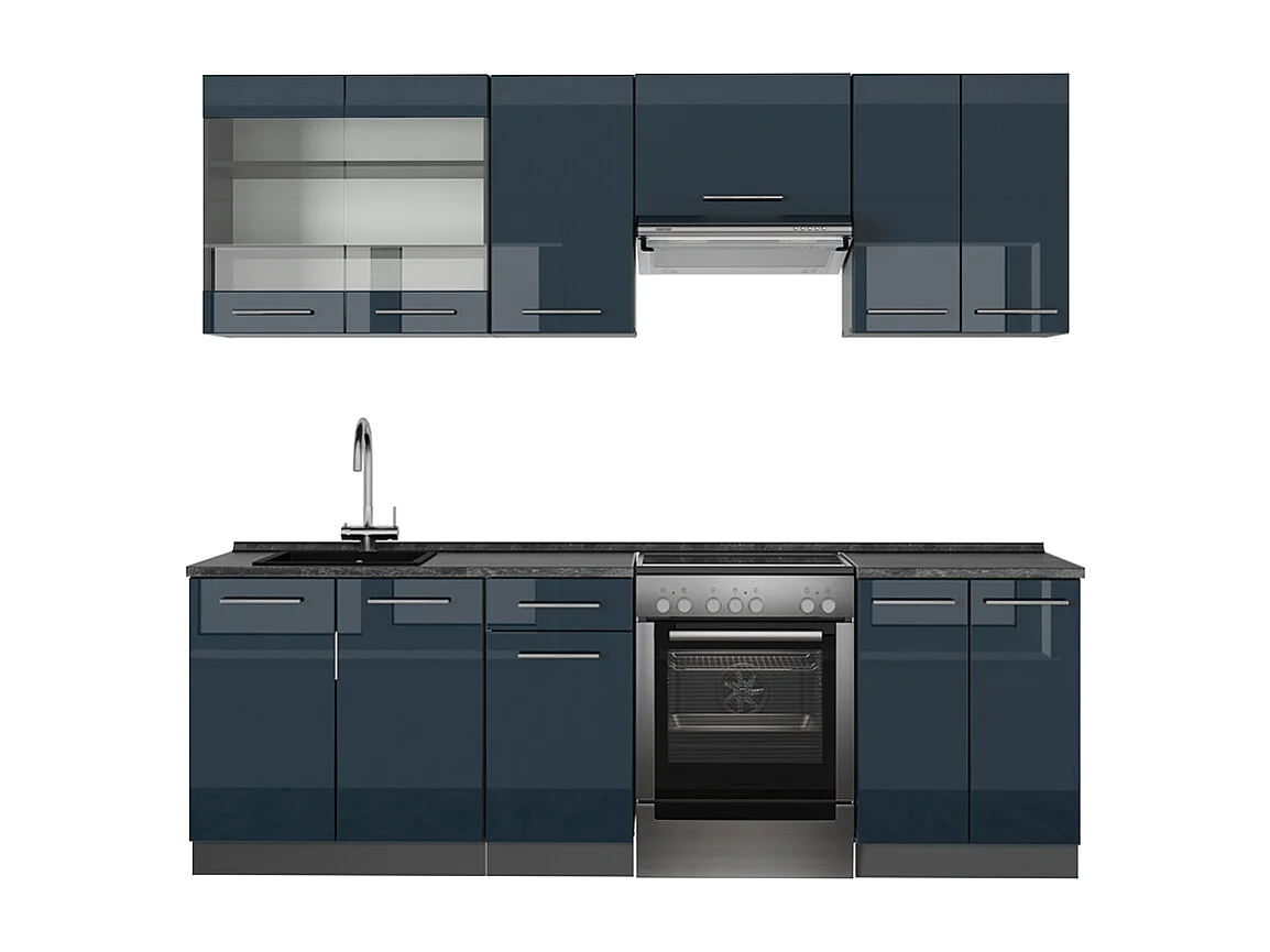 Mueble de cocina azul oscuro alto brillo/antracita 240x60x81.6 fame-line