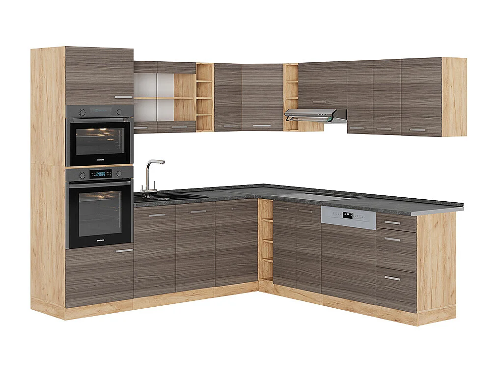 Cocina esquinera gris noble/roble dorado 247x60x81.6 r-line