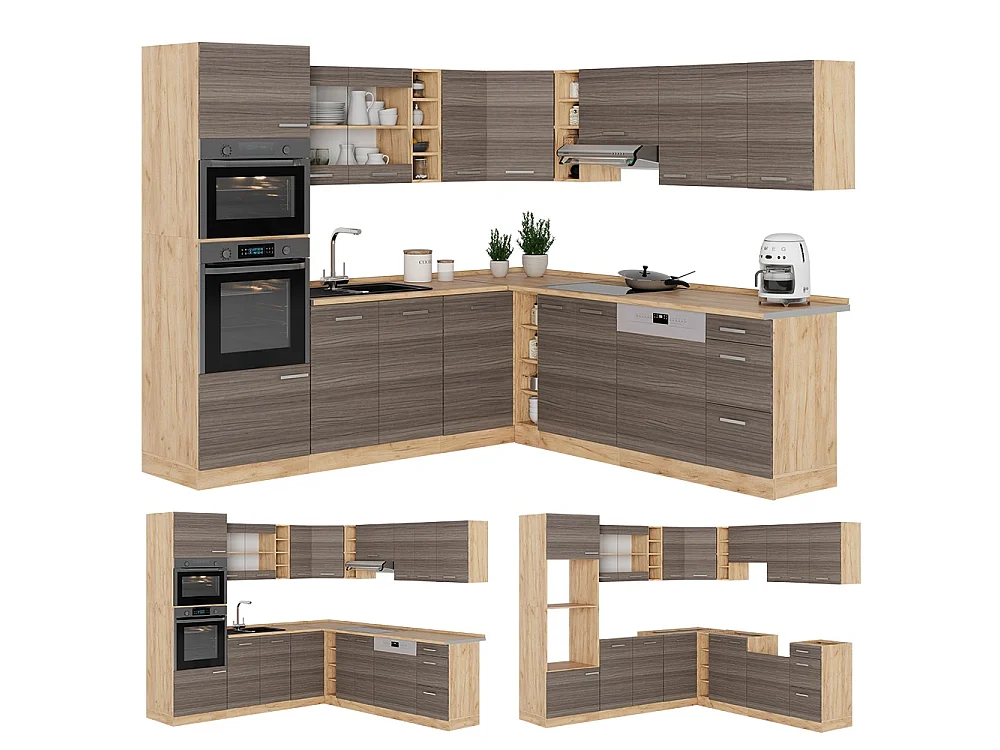 Cuisine en angle gris noble/chêne de force doré 247x60x81.6 r-line
