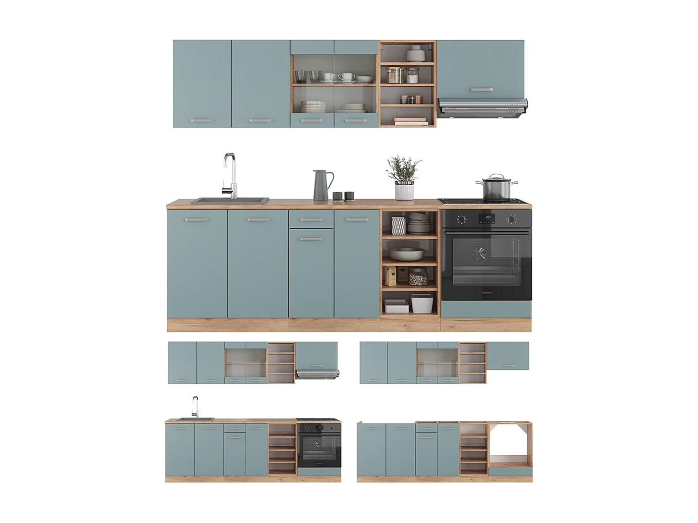 Cuisine bleu-gris/chêne doré 240x60x81.6 r-line