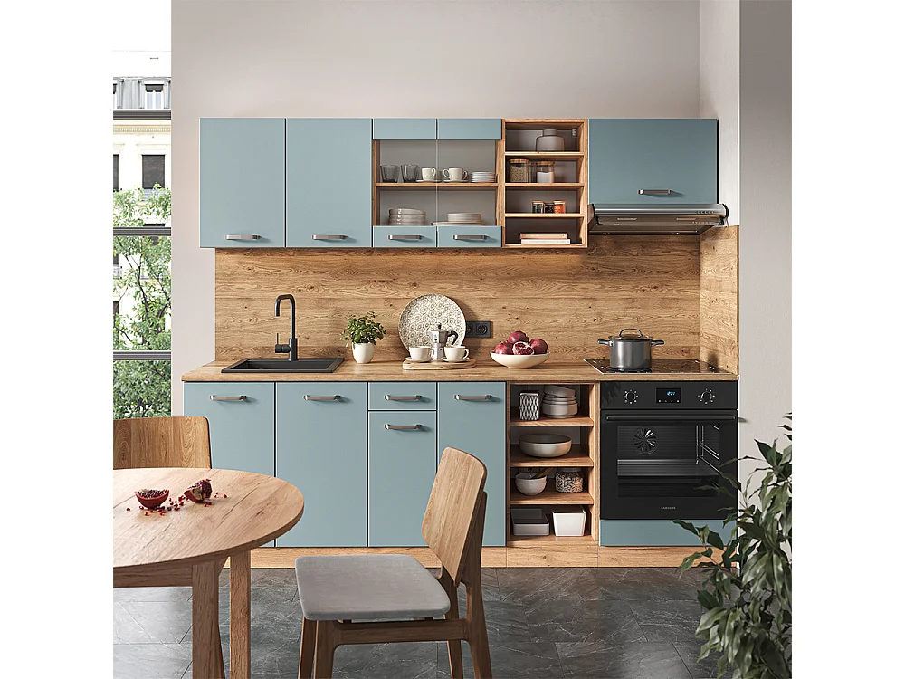 Cuisine bleu-gris/chêne doré 240x60x81.6 r-line