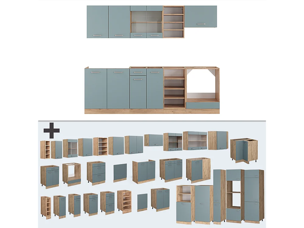 Cuisine bleu-gris/chêne doré 240x60x81.6 r-line